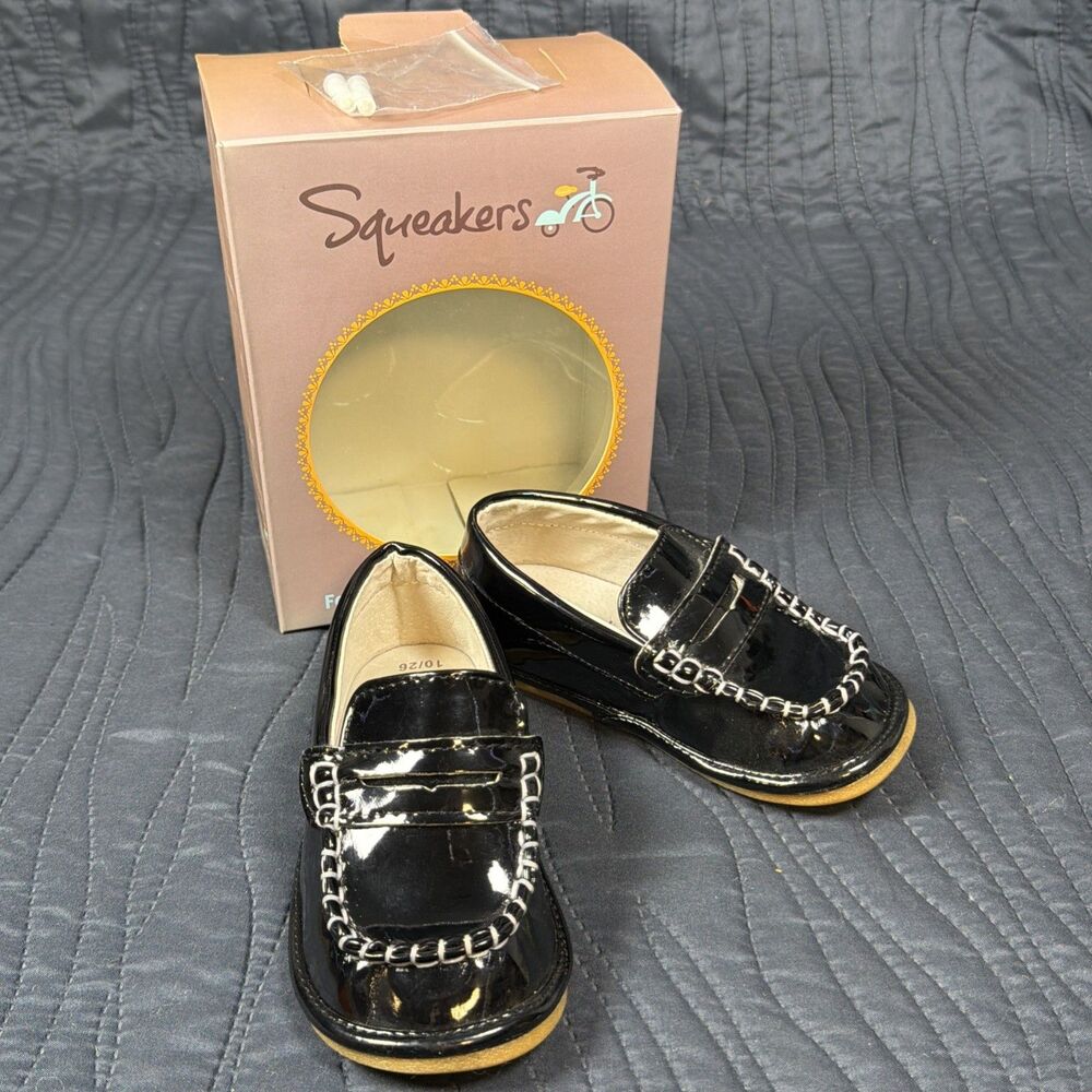 Squeakers Toddler Black Patent Loafers Squeaky Shoes Size 10 EU 26 w/ Box